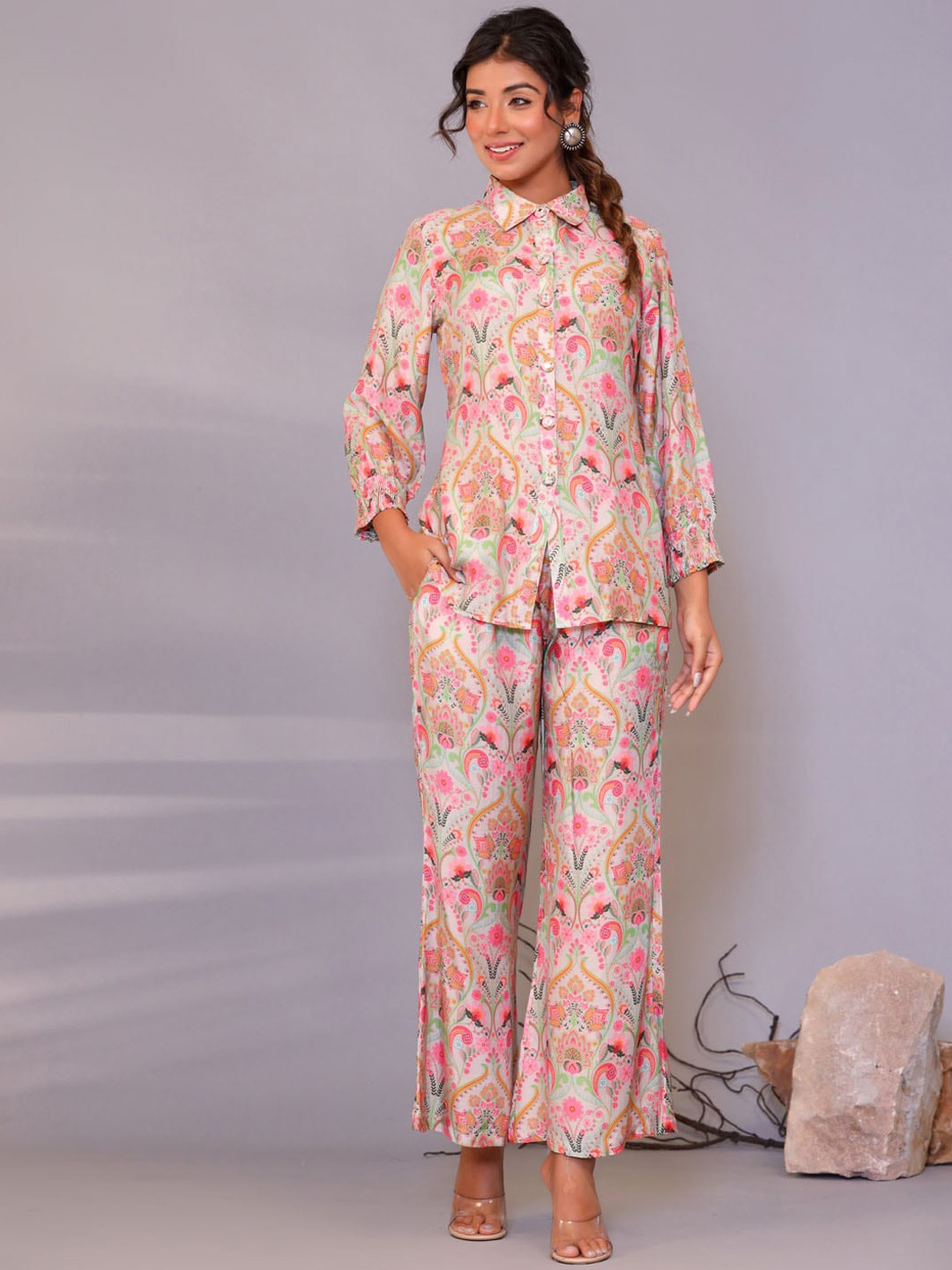 

Meena Bazaar Ethnic Motifs Printed Shirt & Trouser, Cream