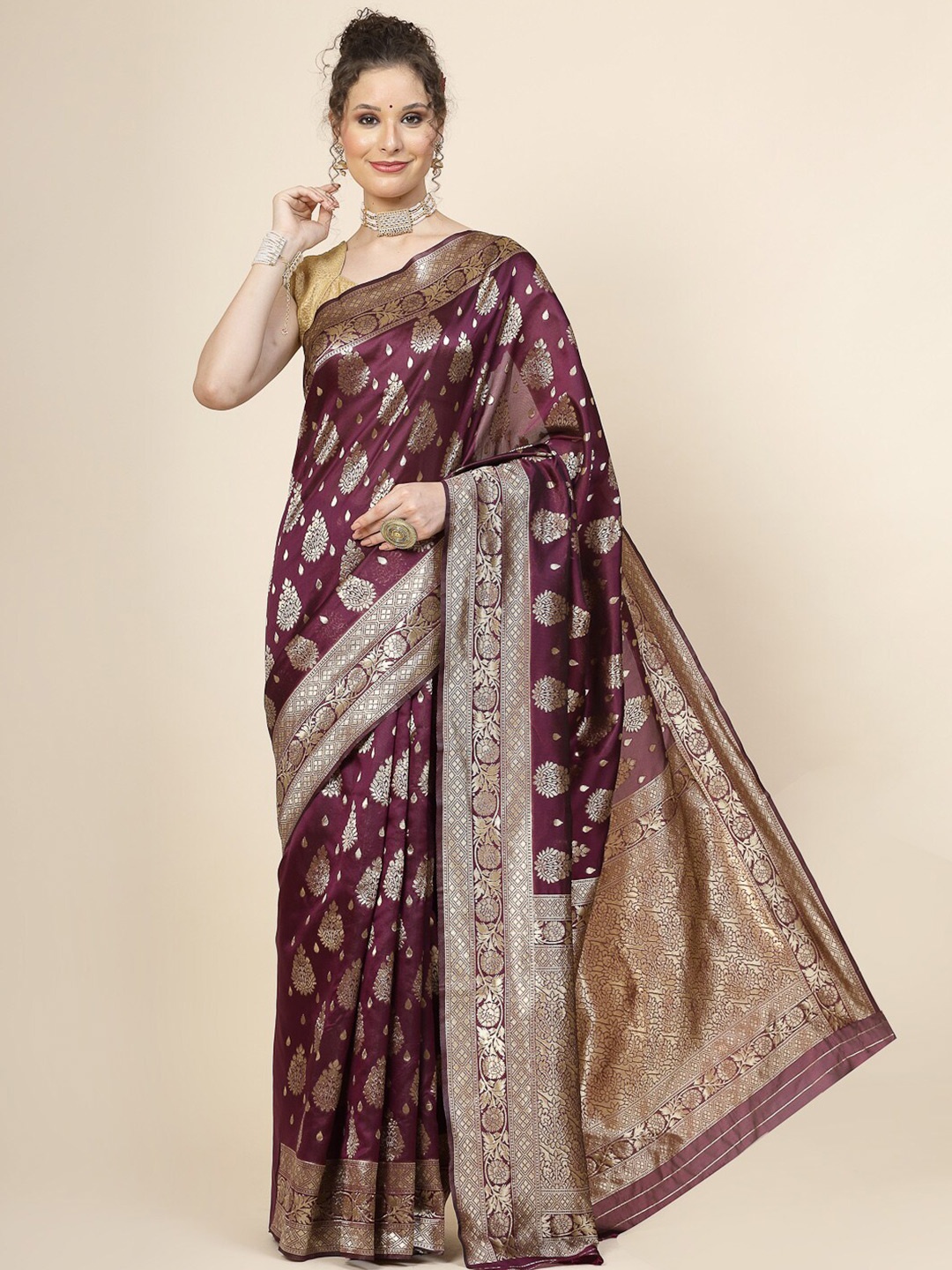 

KALINI Ethnic Motifs Woven Design Zari Jacquard Banarasi Saree, Purple