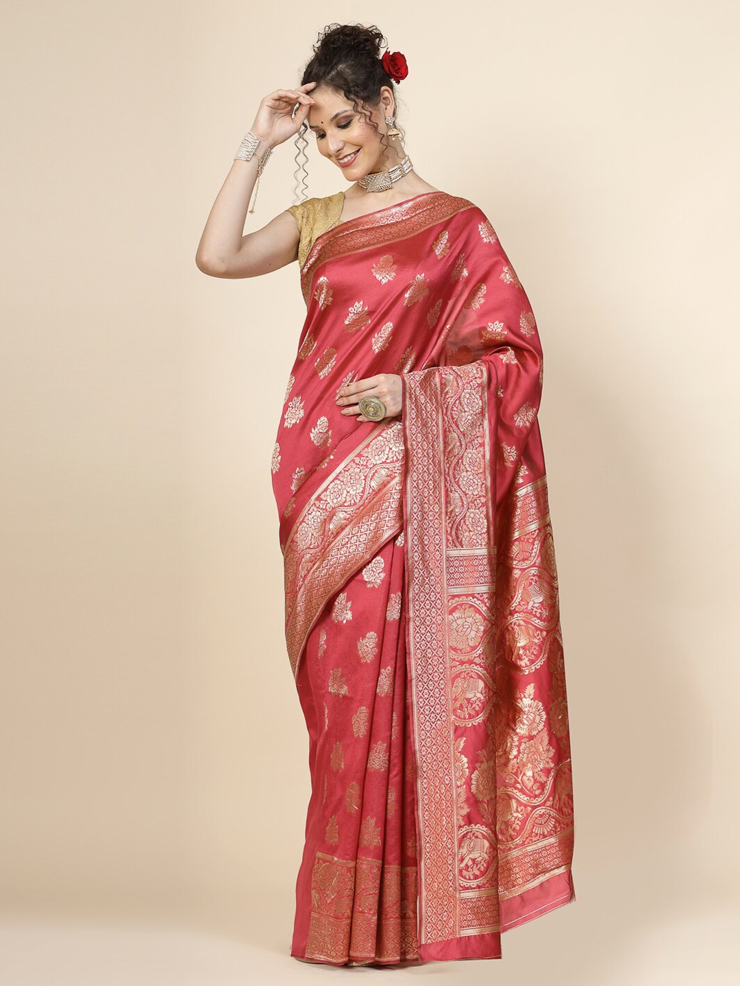 

KALINI Ethnic Motifs Woven Design Zari Jacquard Banarasi Saree, Peach