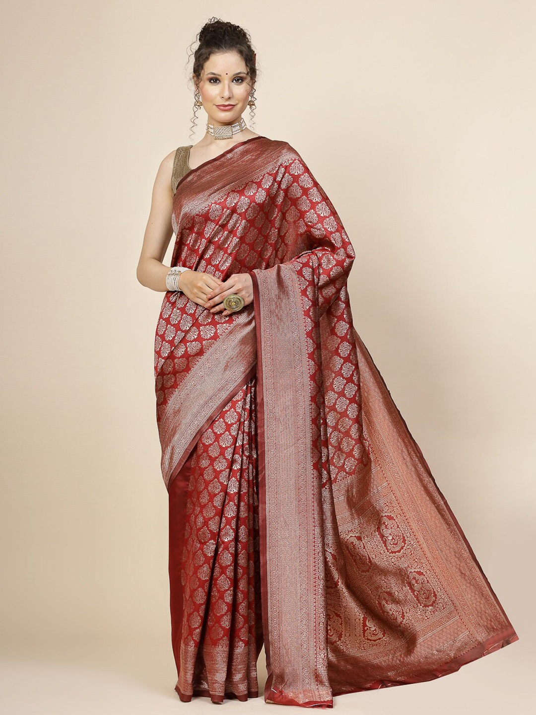 

KALINI Ethnic Motifs Woven Design Zari Jacquard Banarasi Saree, Maroon