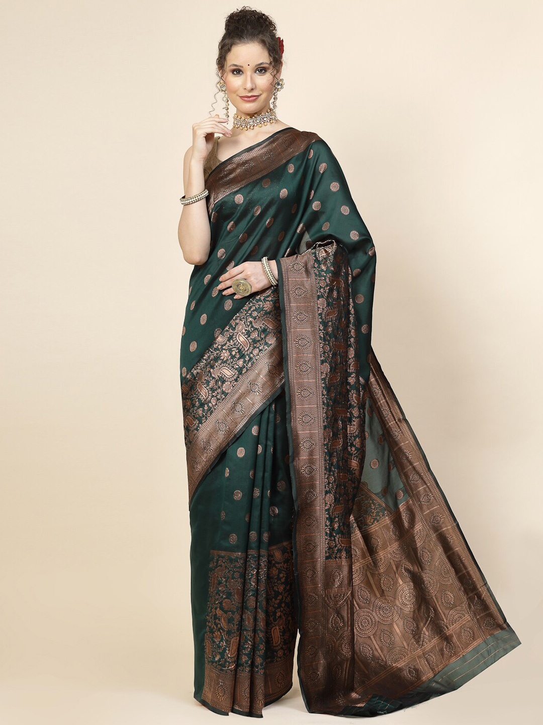 

KALINI Ethnic Motifs Woven Design Zari Jacquard Banarasi Saree, Green