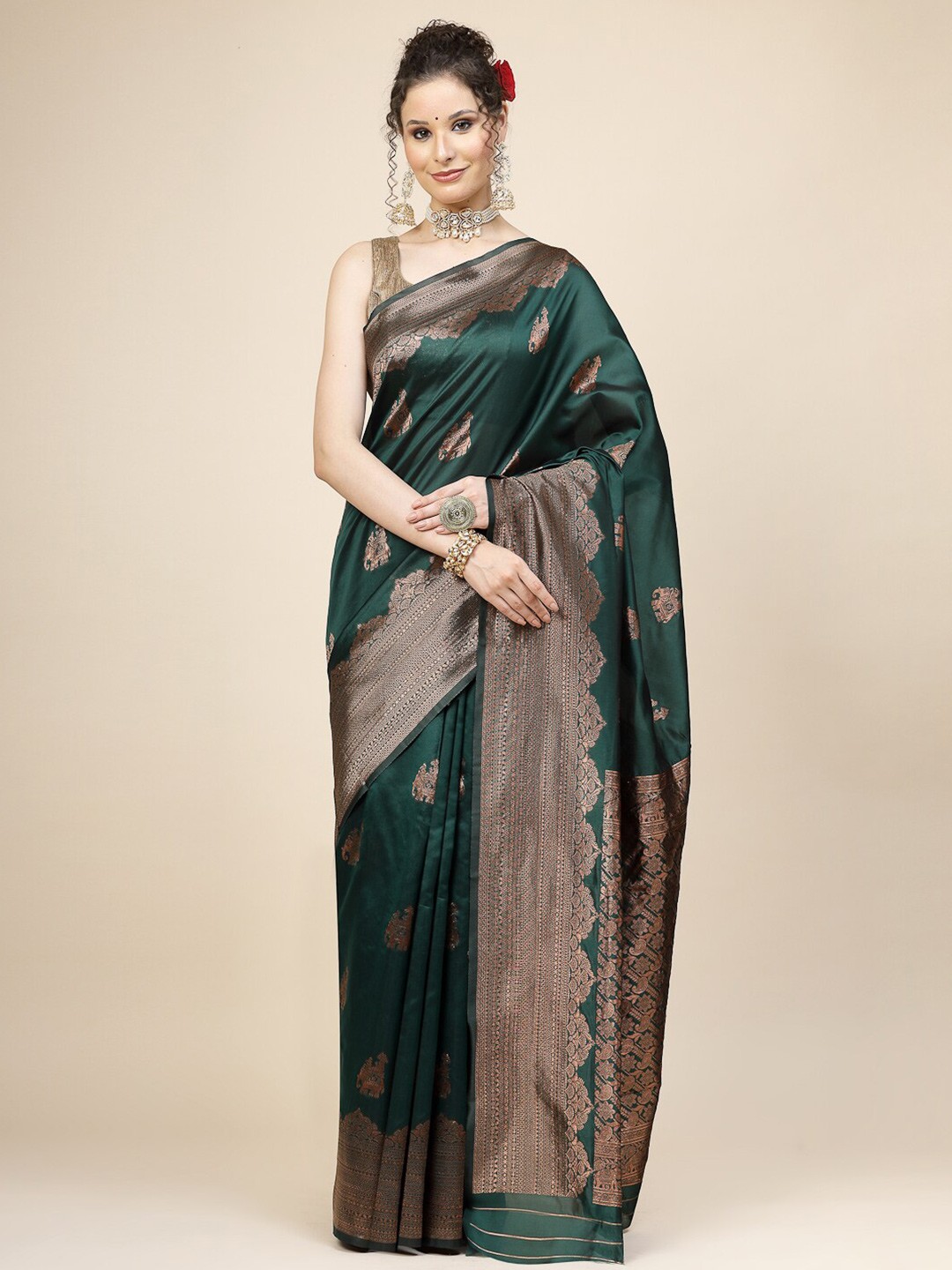 

KALINI Ethnic Motifs Woven Design Zari Jacquard Banarasi Saree, Green