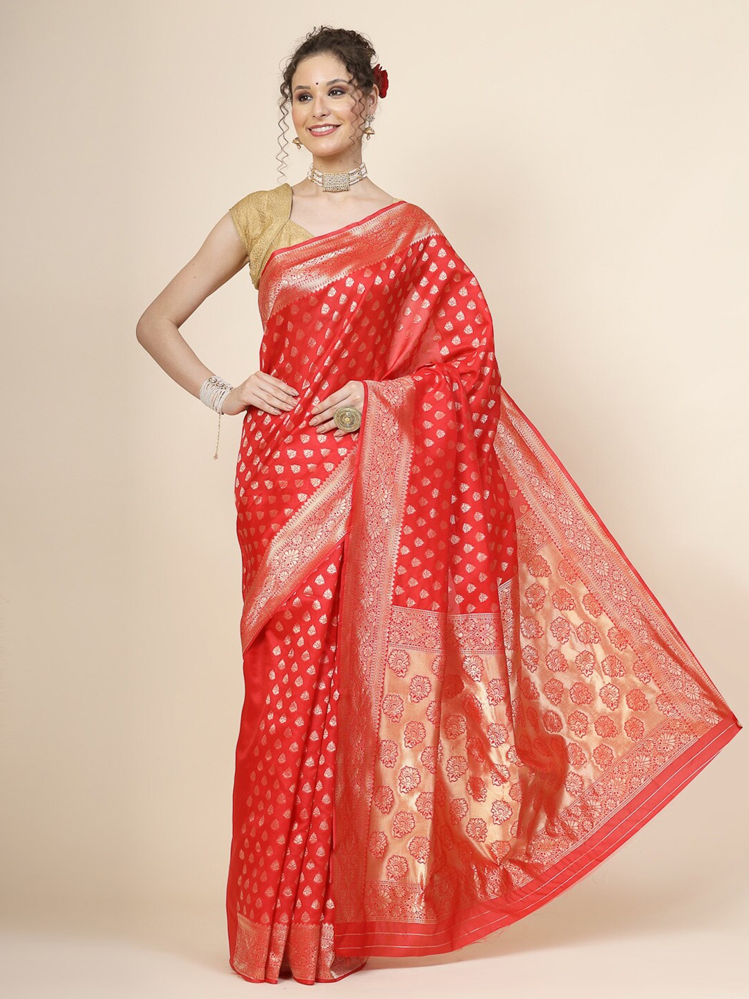 

KALINI Ethnic Motifs Woven Design Zari Jacquard Banarasi Saree, Orange