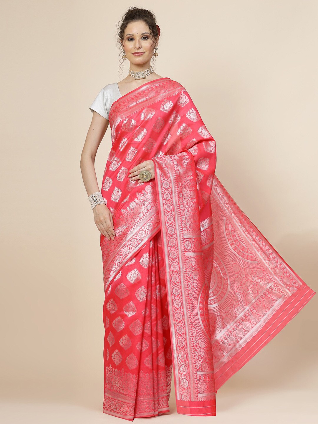 

KALINI Ethnic Motifs Woven Design Zari Jacquard Banarasi Saree, Pink