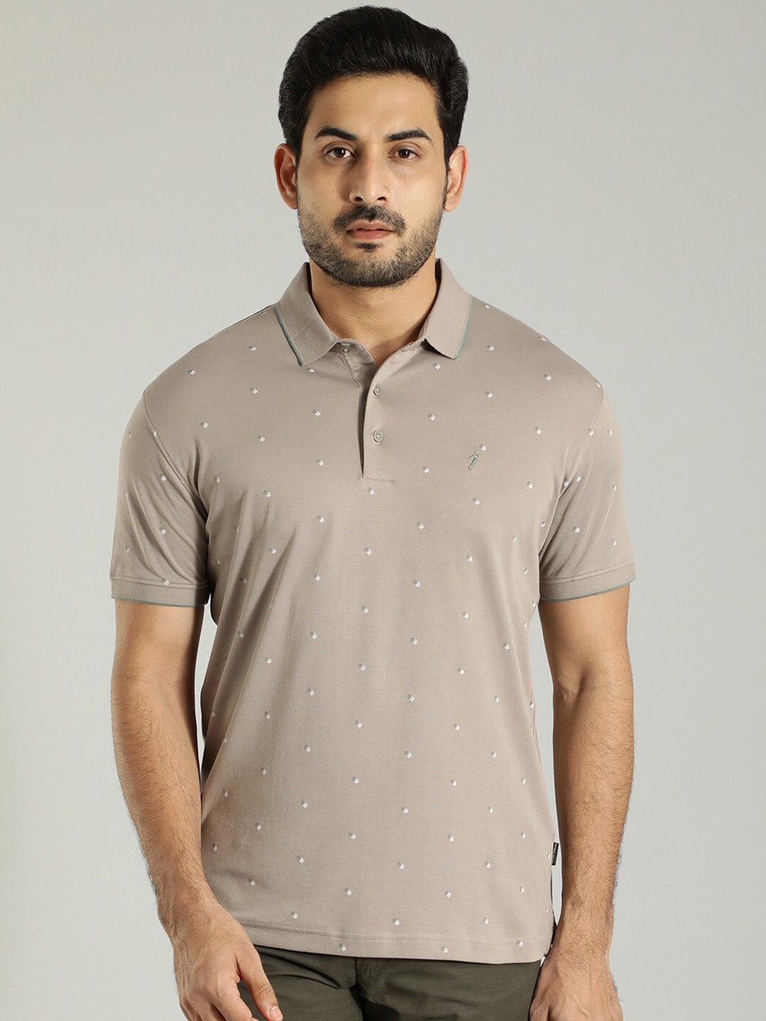 

Indian Terrain Floral Printed Polo Collar Pure Cotton T-shirt, Beige