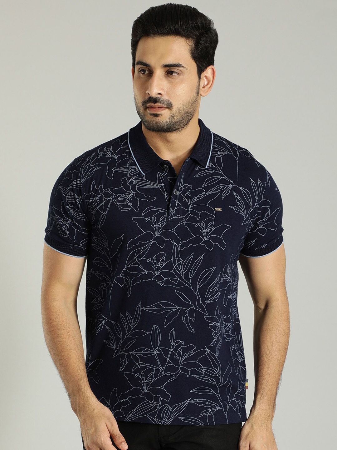 

Indian Terrain Floral Printed Polo Collar Pure Cotton T-shirt, Navy blue