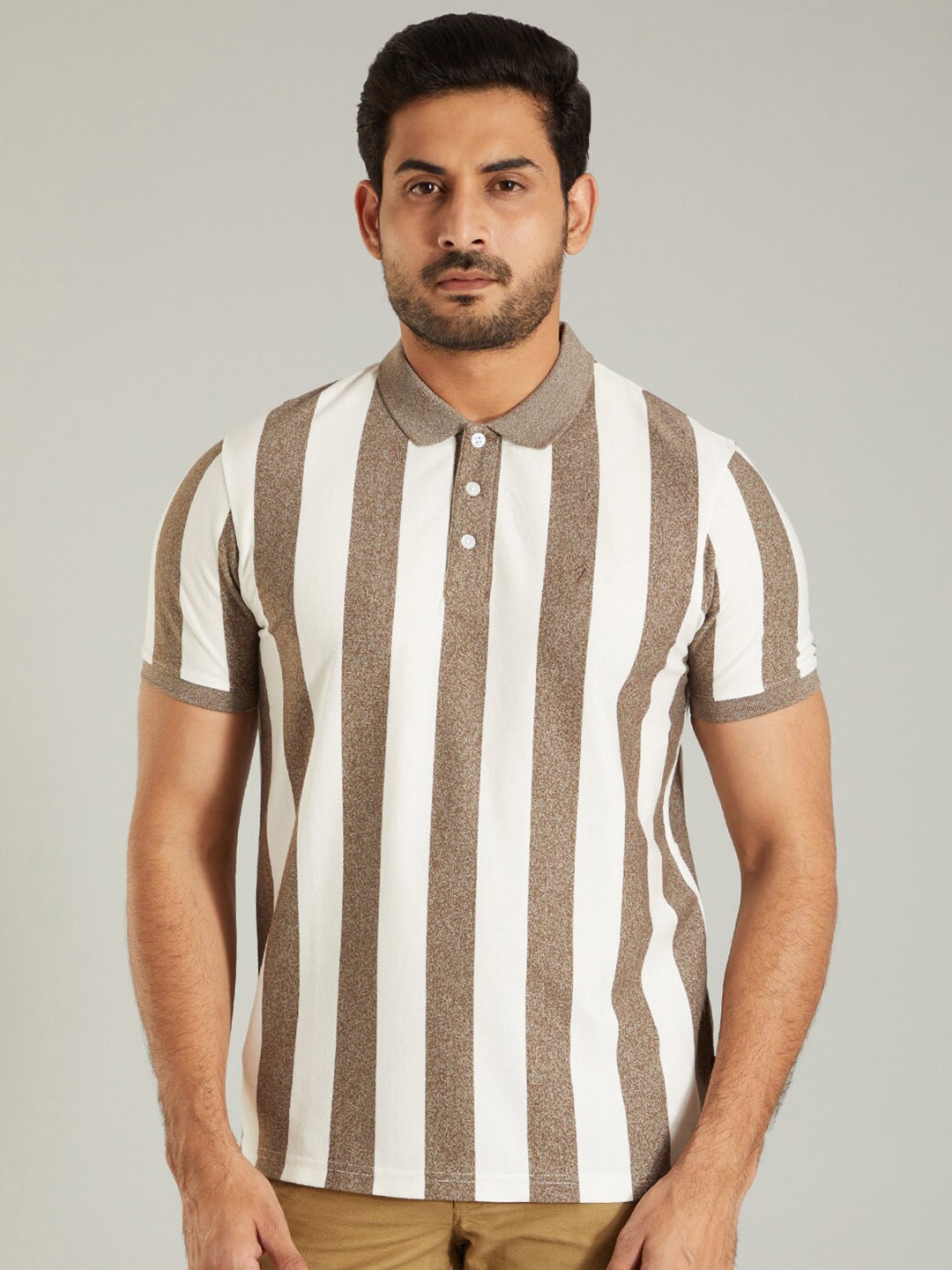 

Indian Terrain Striped Polo Collar T-shirt, Beige