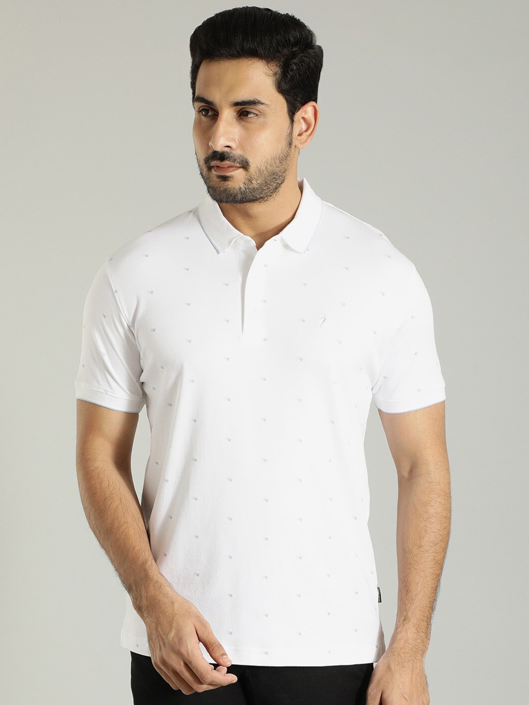 

Indian Terrain Micro Ditsy Printed Polo Collar Pure Cotton T-shirt, White