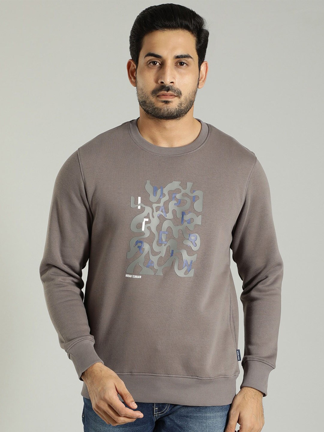 

Indian Terrain Graphic Printed Round Neck Pullover, Grey