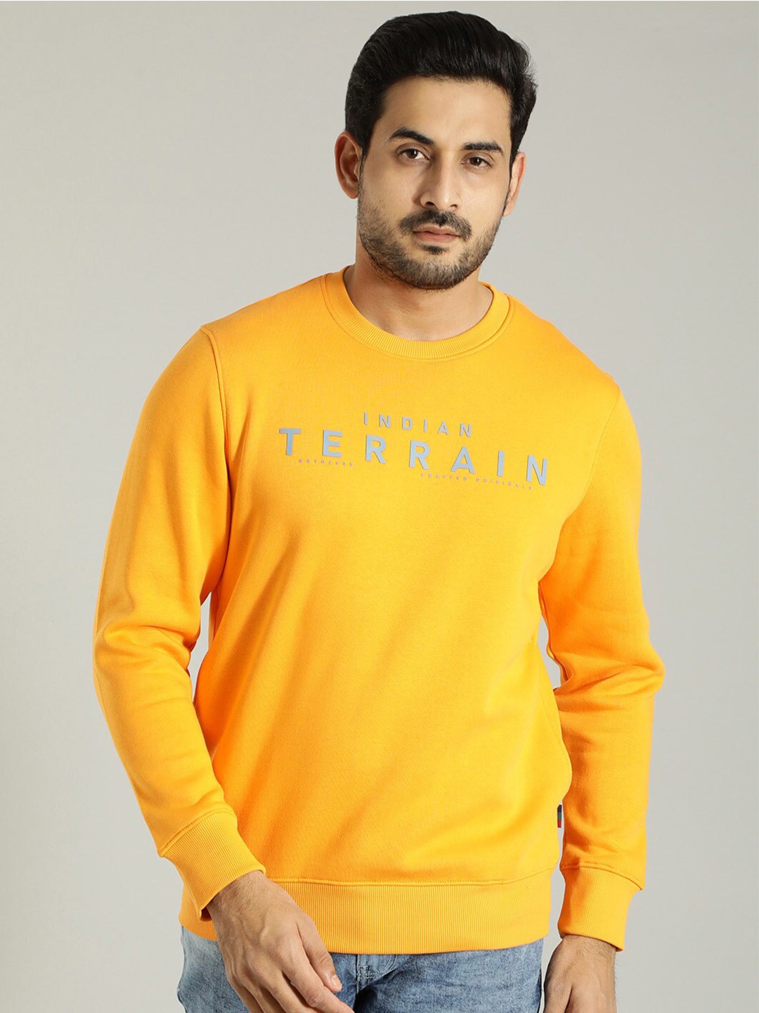 

Indian Terrain Typography Printed Round Neck Pullover, Orange