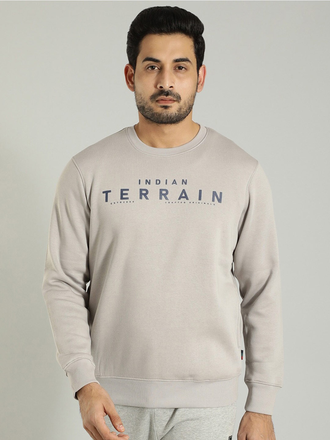 

Indian Terrain Typography Printed Round Neck Pullover, Grey