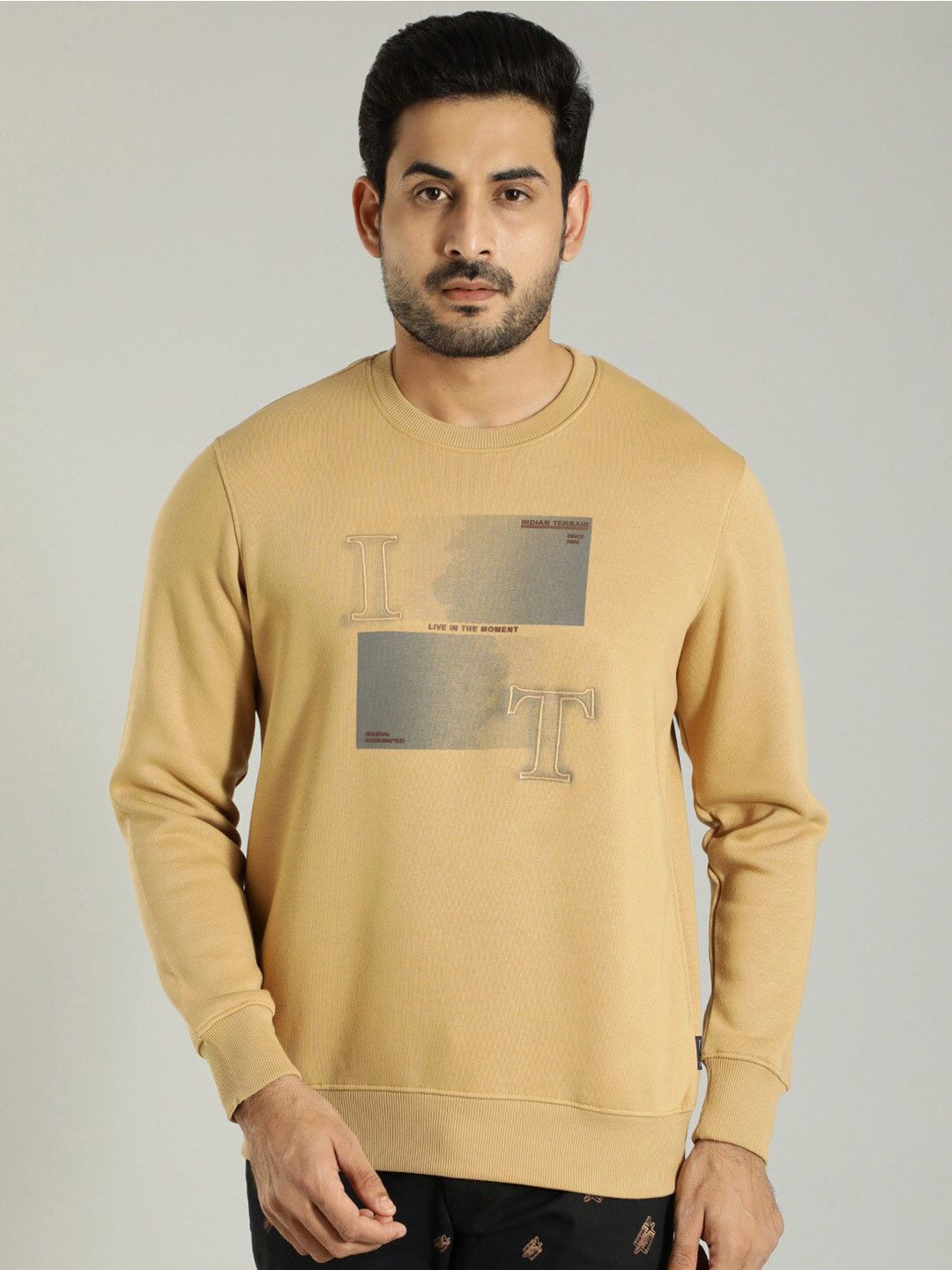 

Indian Terrain Typography Printed Round Neck Long Sleeve Pullover Sweatshirt, Beige