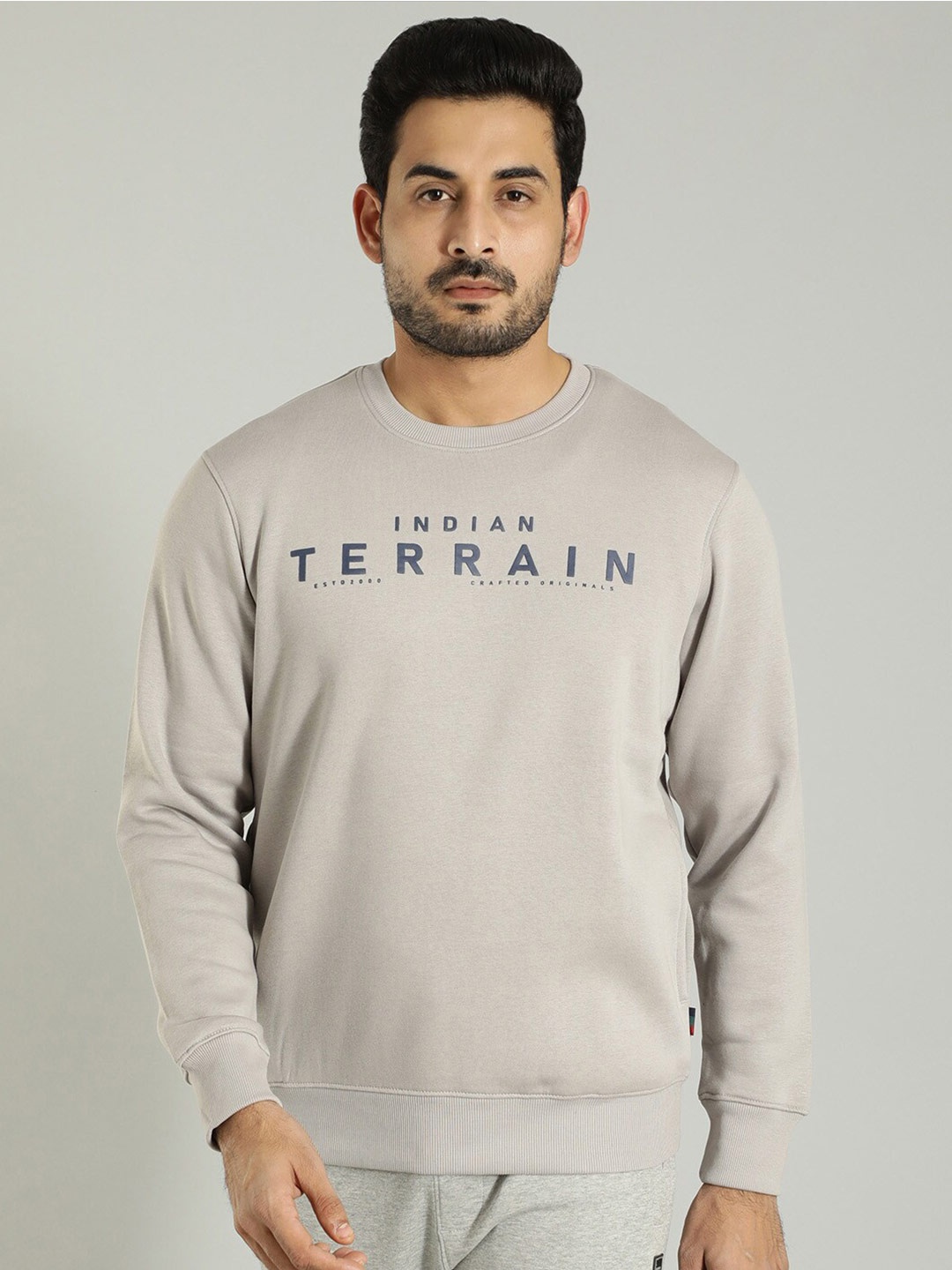

Indian Terrain Typography Printed Round Neck Long Sleeve Pullover Sweatshirt, Grey