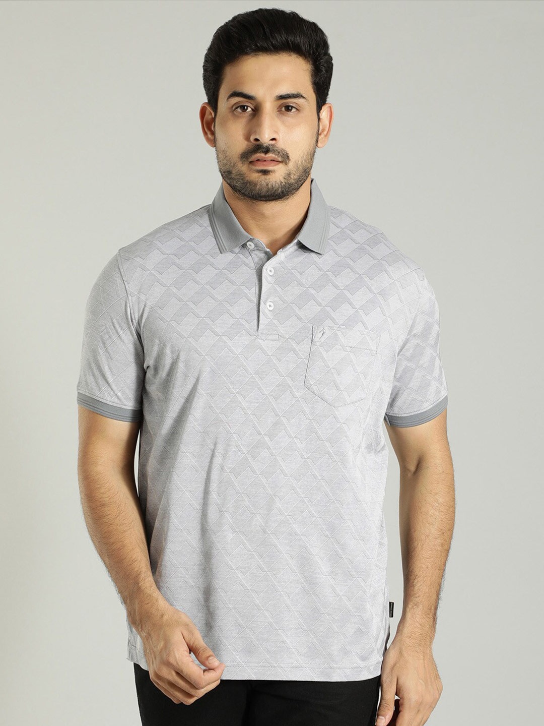 

Indian Terrain Geometric Printed Polo Collar Pure Cotton T-shirt, Grey