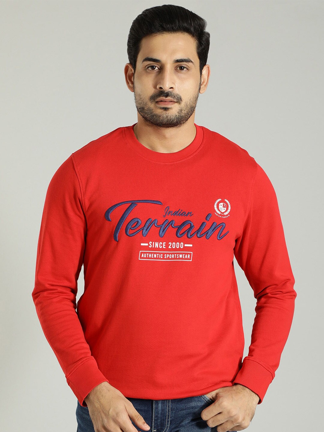 

Indian Terrain Typography Printed Round Neck Long Sleeve Pullover Sweatshirt, Red
