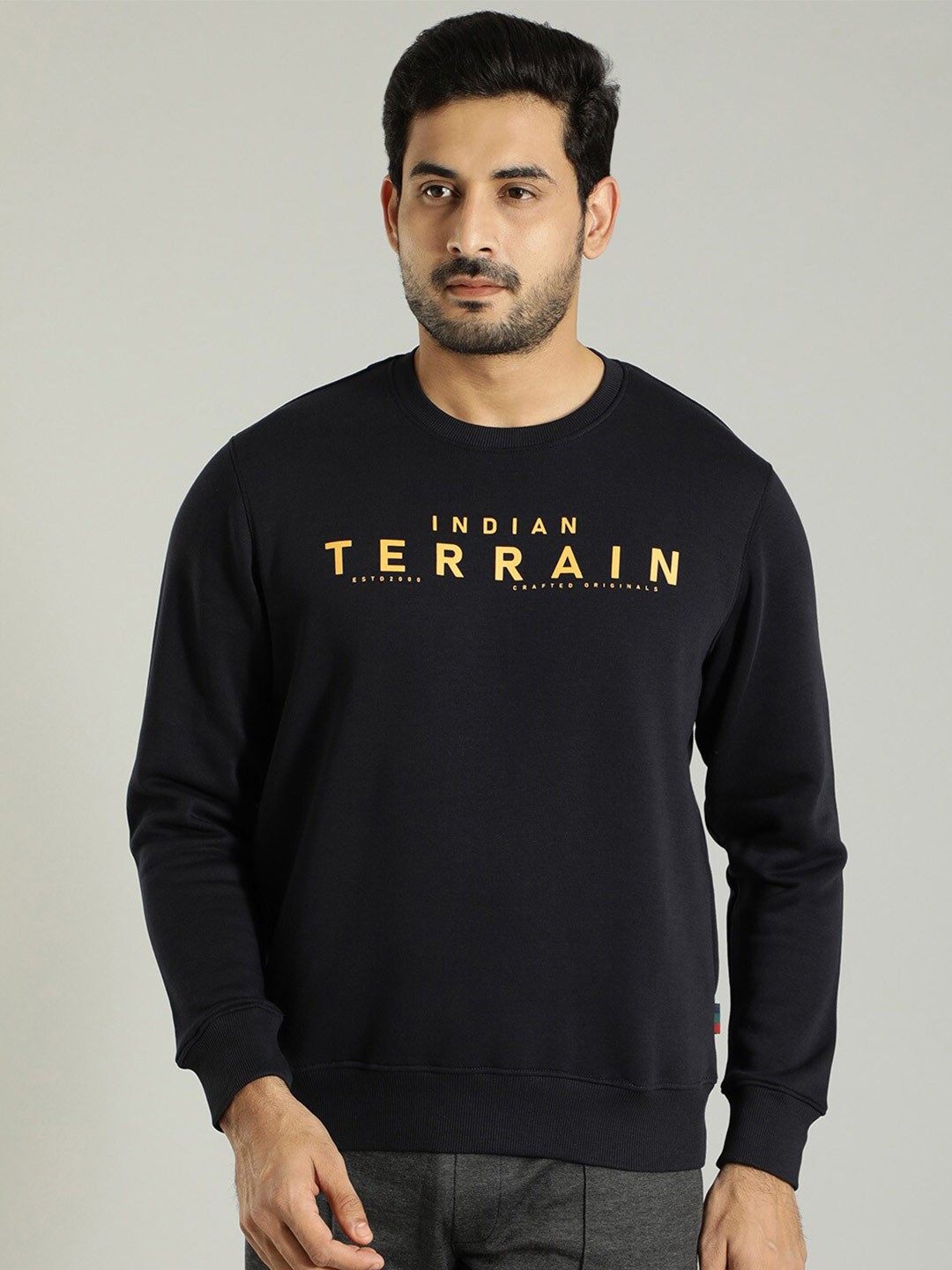 

Indian Terrain Typography Printed Round Neck Long Sleeve Pullover Sweatshirt, Navy blue