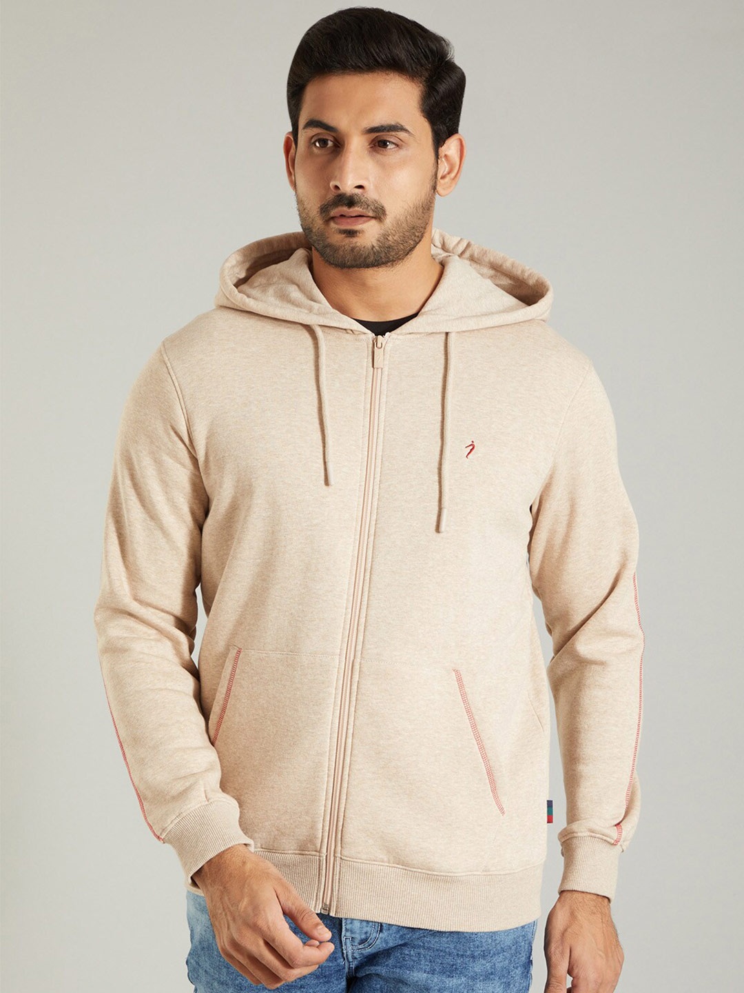 

Indian Terrain Hooded Neck Long Sleeve Zip Detail Front-Open Sweatshirt, Beige