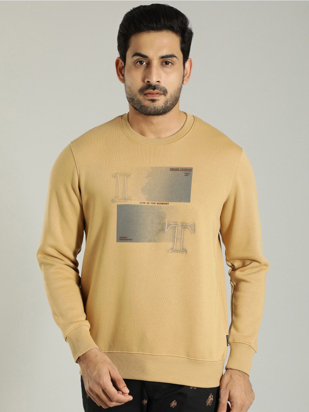 

Indian Terrain Typography Printed Round Neck Long Sleeve Pullover Sweatshirt, Beige
