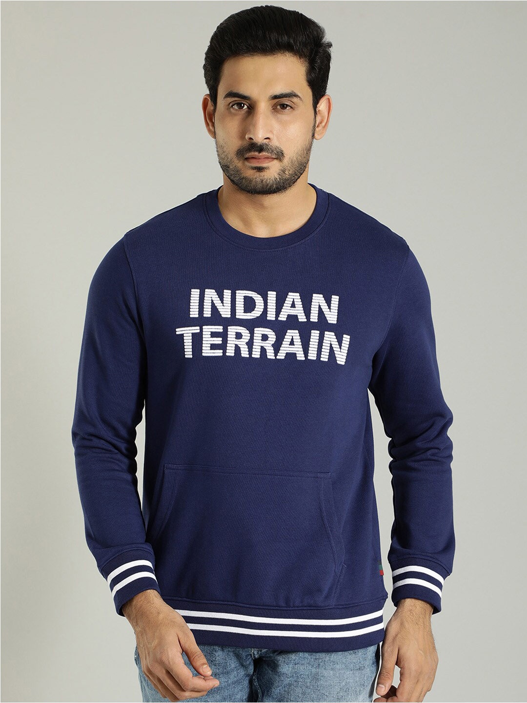 

Indian Terrain Typography Printed Round Neck Long Sleeve Pullover Sweatshirt, Navy blue