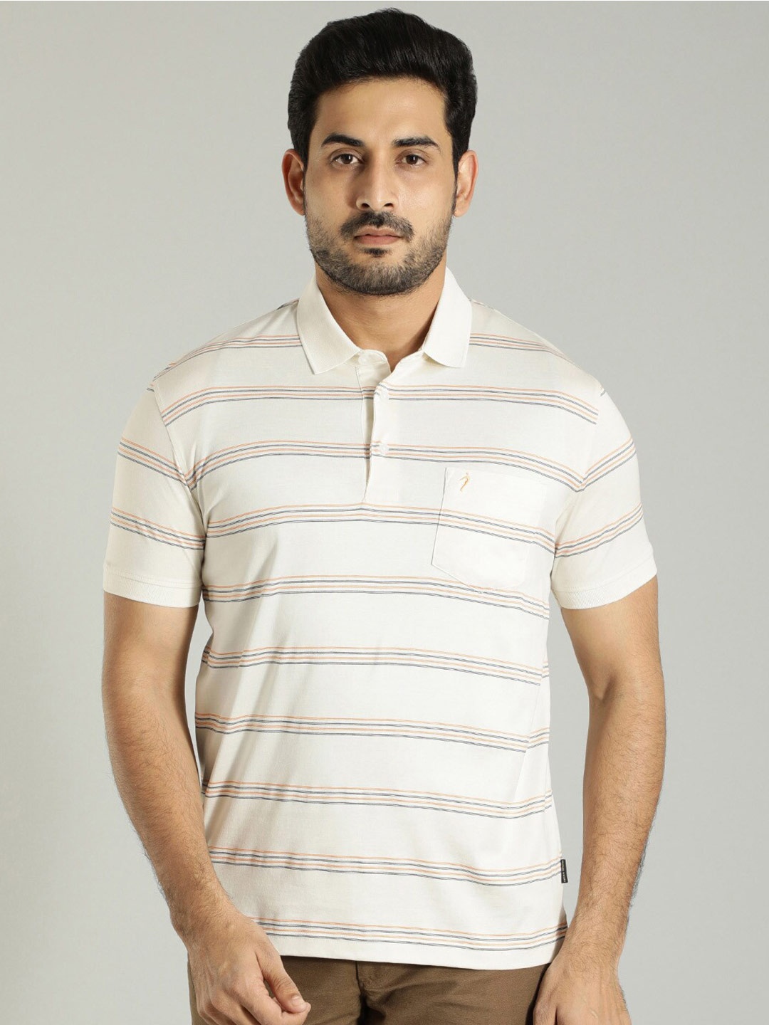 

Indian Terrain Striped Polo Collar Pure Cotton T-shirt, Off white