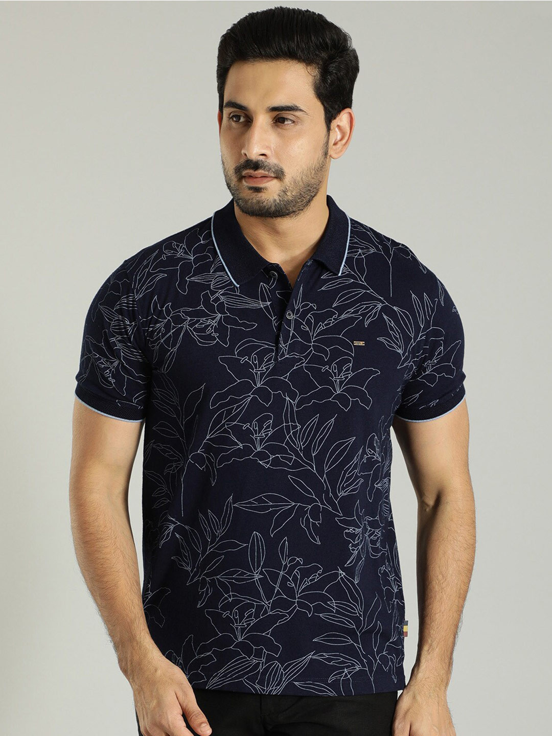 

Indian Terrain Floral Printed Polo Collar Pure Cotton T-shirt, Navy blue