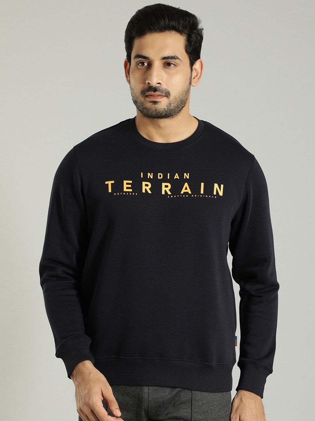 

Indian Terrain Typography Printed Round Neck Long Sleeves Pullover Sweatshirt, Navy blue