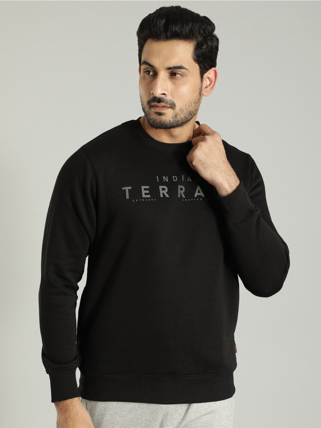 

Indian Terrain Typography Printed Round Neck Long Sleeves Pullover Sweatshirt, Black