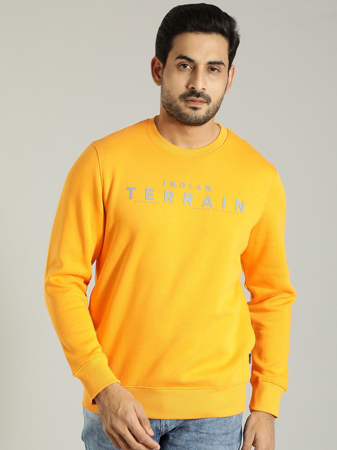 

Indian Terrain Typography Printed Round Neck Long Sleeves Pullover Sweatshirt, Orange