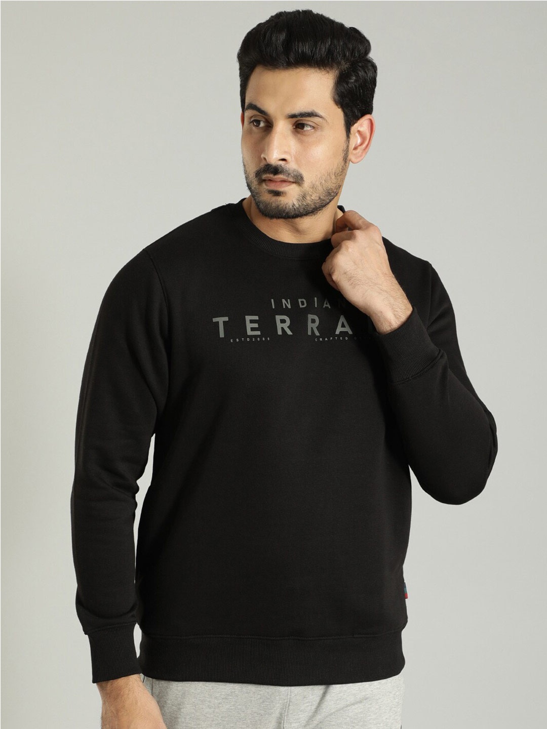 

Indian Terrain Typography Printed Round Neck Long Sleeves Pullover Sweatshirt, Black