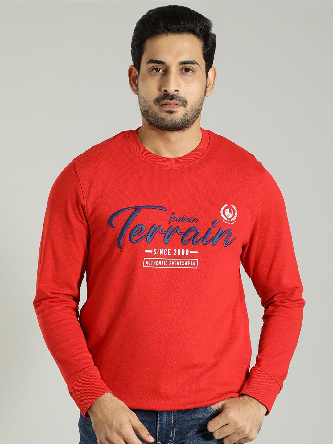 

Indian Terrain Typography Embroidered Round Neck Long Sleeves Cotton Pullover Sweatshirt, Red