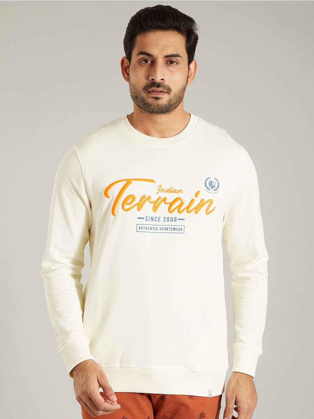 

Indian Terrain Typography Embroidered Round Neck Long Sleeves Cotton Pullover Sweatshirt, White