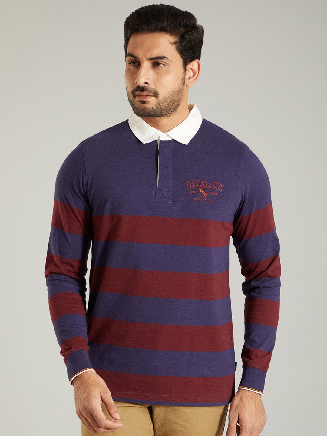 

Indian Terrain Striped Polo Collar Pure Cotton T-shirt, Purple