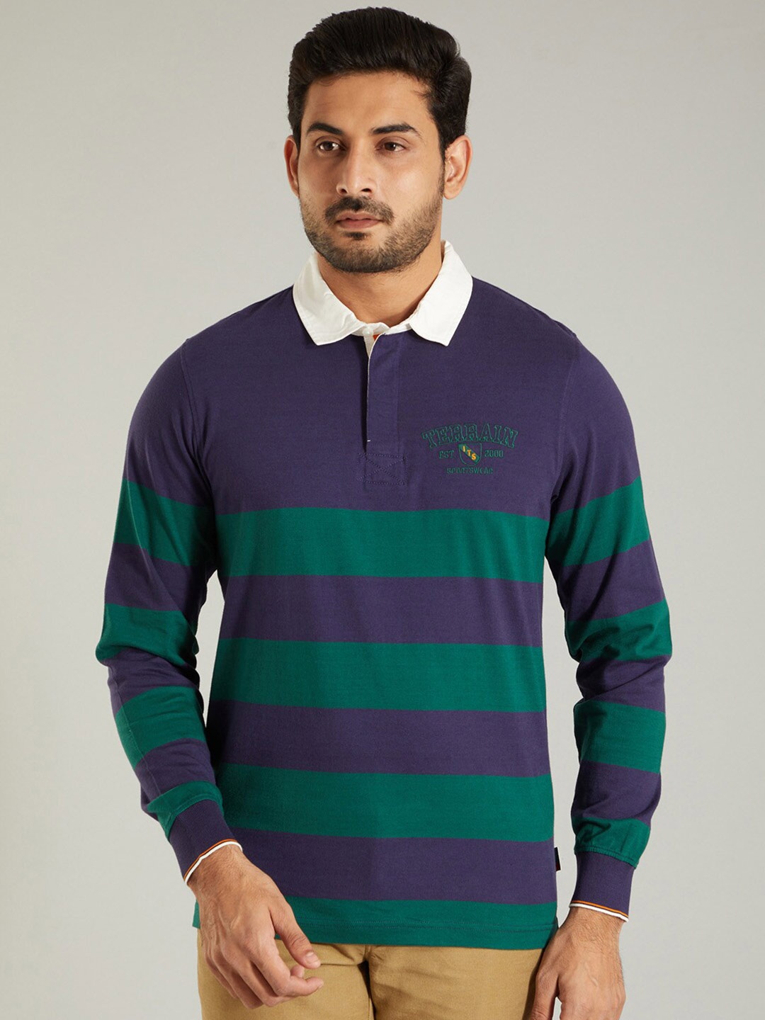

Indian Terrain Striped Polo Collar Pure Cotton T-shirt, Green