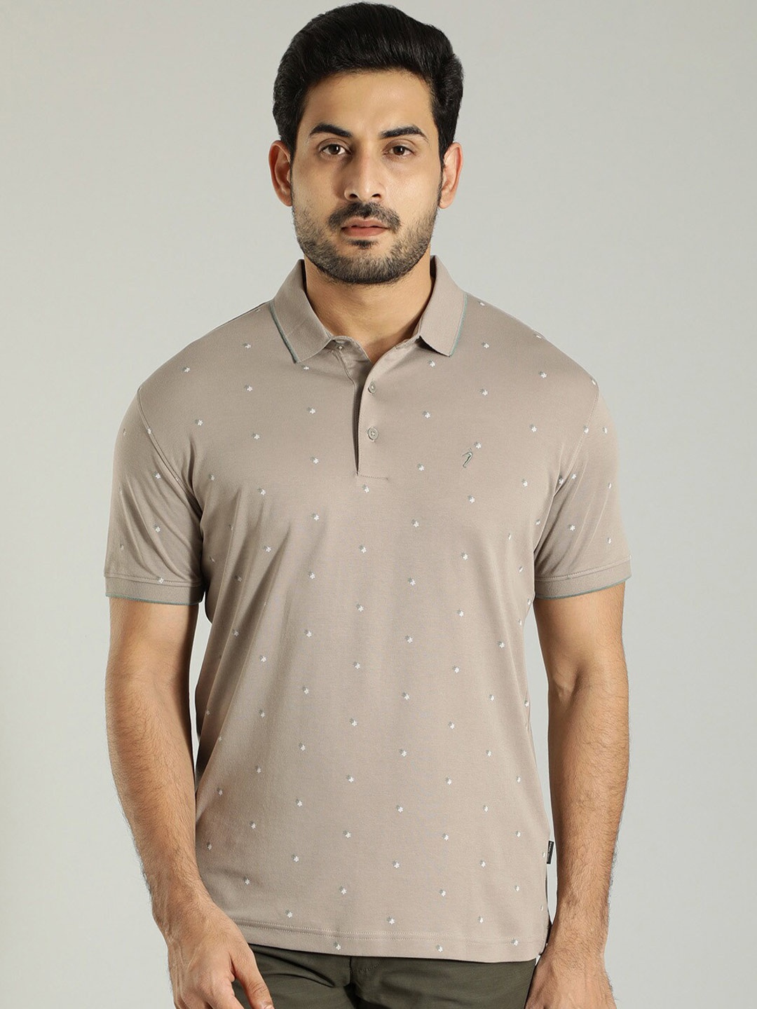 

Indian Terrain Floral Printed Polo Collar Pure Cotton T-shirt, Beige