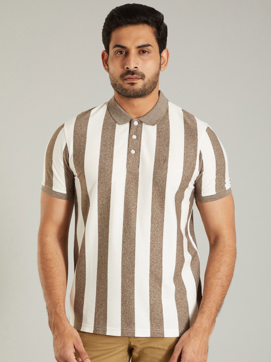 

Indian Terrain Striped Polo Collar T-shirt, Beige