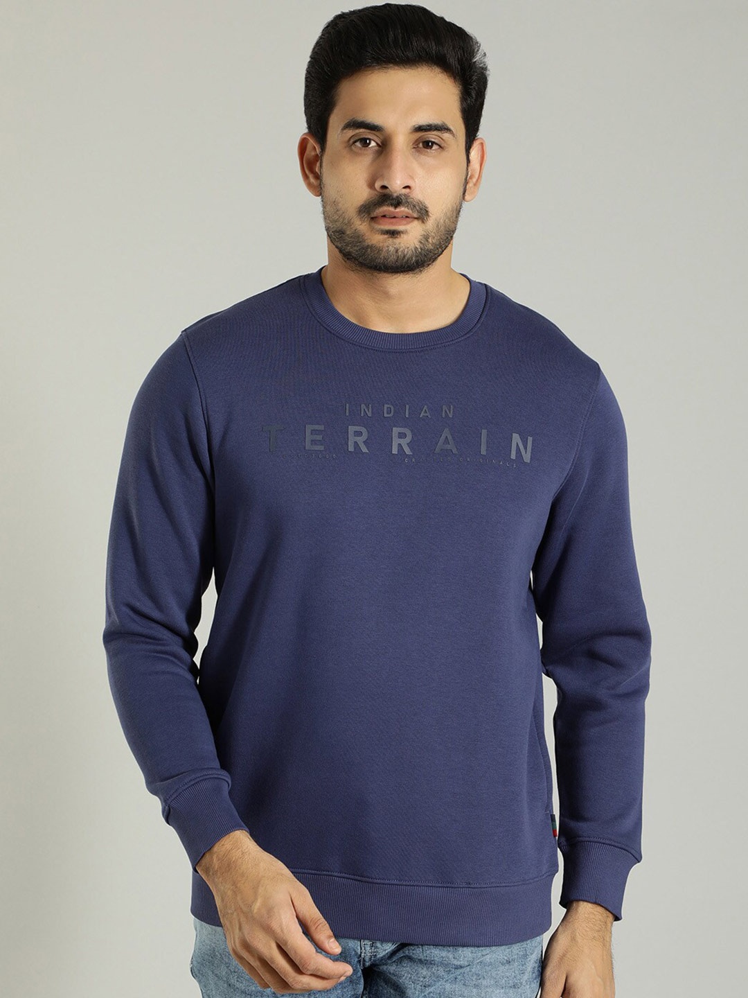 

Indian Terrain Typography Printed Round Neck Sweatshirt, Navy blue