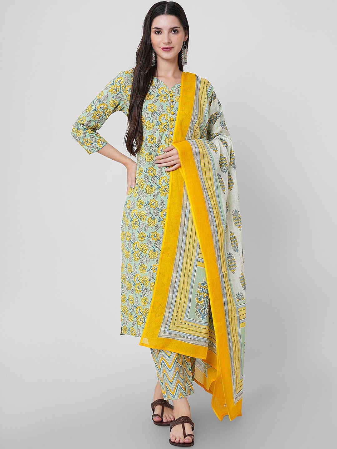 

KALINI Floral Printed Regular Gotta Patti Pure Cotton Kurta With Trousers & Dupatta, Green