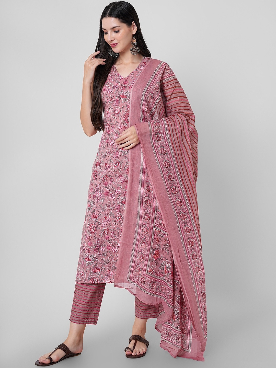 

KALINI Ethnic Motifs Printed Regular Gotta Patti Pure Cotton Kurta With Trousers & Dupatta, Peach