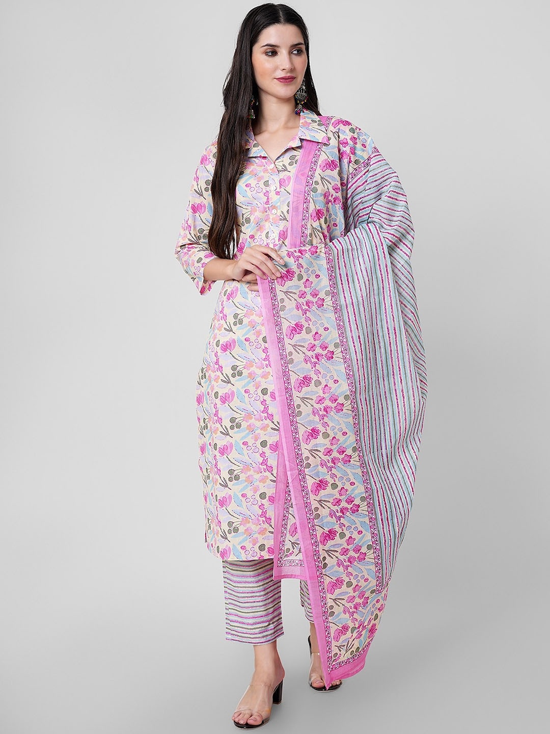 

KALINI Floral Printed Regular Gotta Patti Pure Cotton Kurta With Trousers & Dupatta, Pink