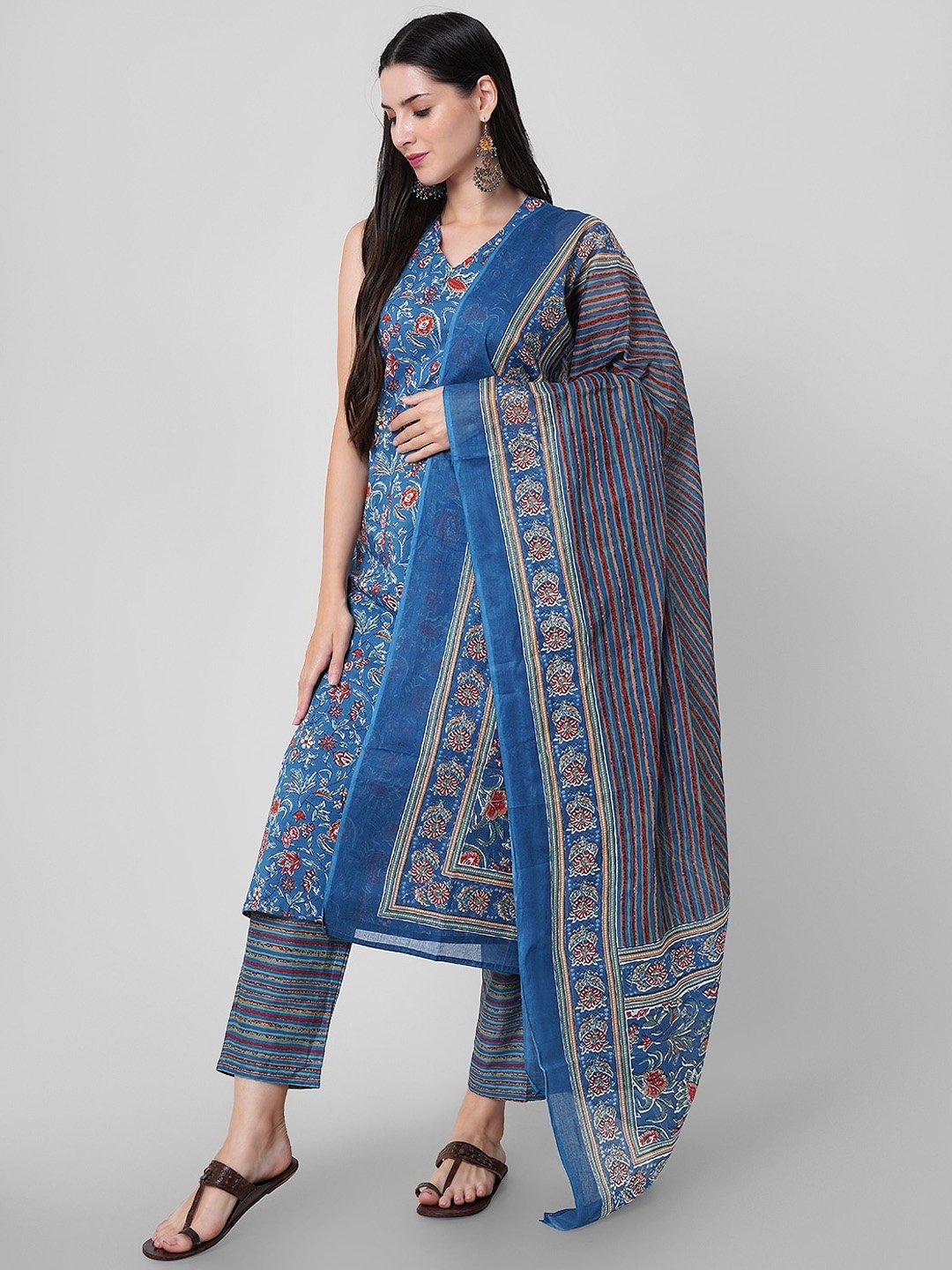 

KALINI Ethnic Motifs Printed Gotta Patti Pure Cotton Kurta with Palazzos & Dupatta, Blue