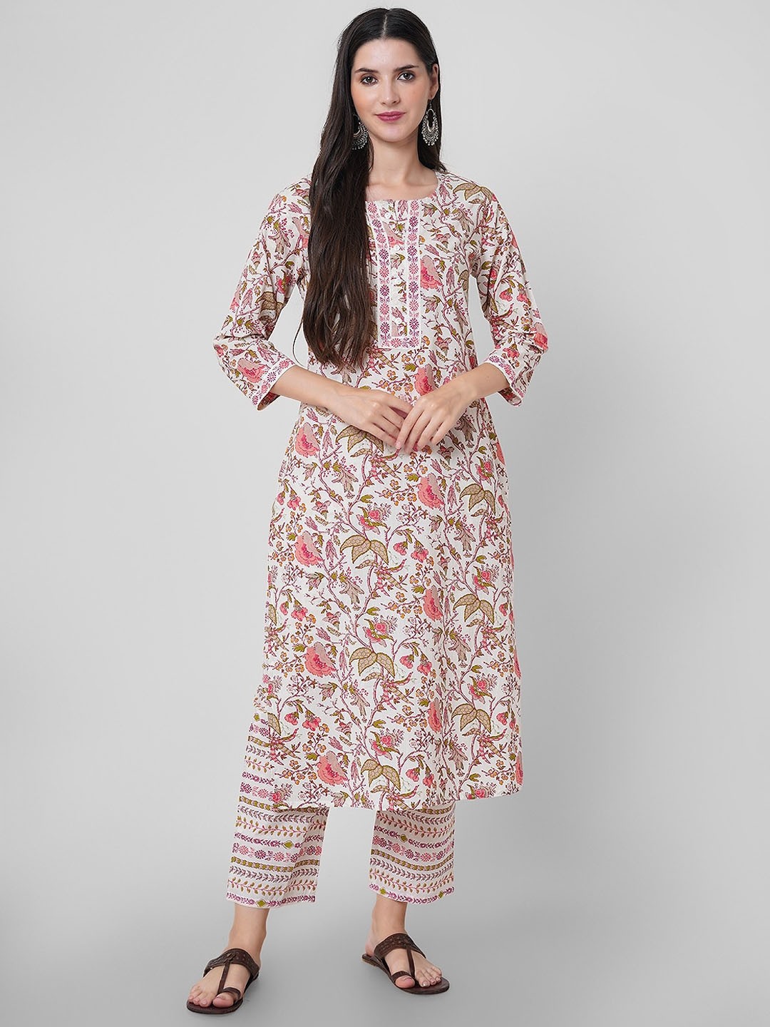 

KALINI Floral Printed Gotta Patti Pure Cotton Kurta with Trousers & Dupatta, Peach