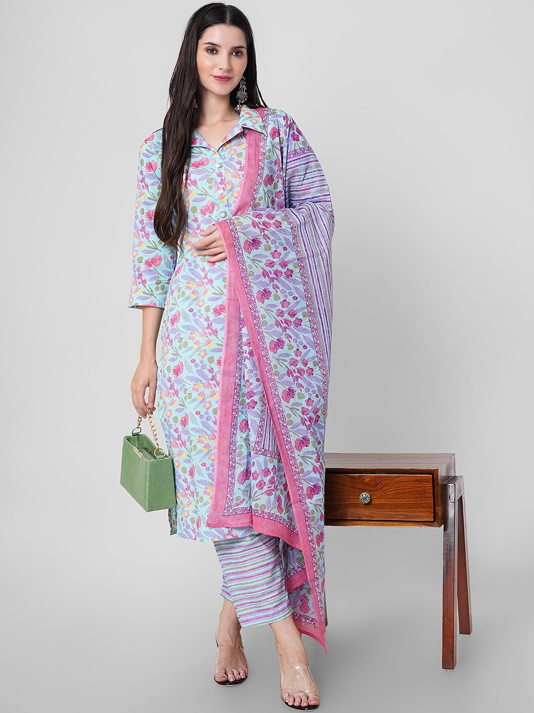 

KALINI Floral Printed Gotta Patti Pure Cotton Kurta with Palazzos & Dupatta, Blue