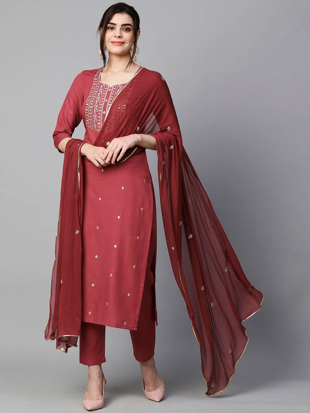 

KALINI Ethnic Motifs Embroidered Straight Kurta & Trousers With Dupatta, Maroon