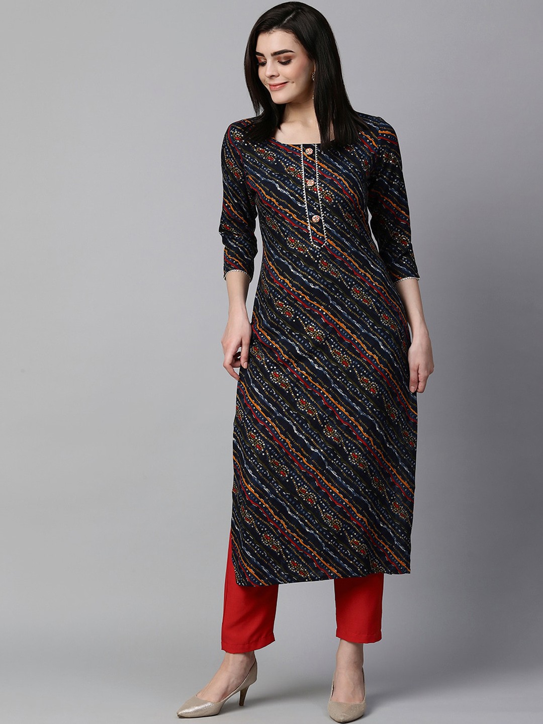 

KALINI Bandhani Printed Regular Gotta Patti Kurta with Trousers, Blue