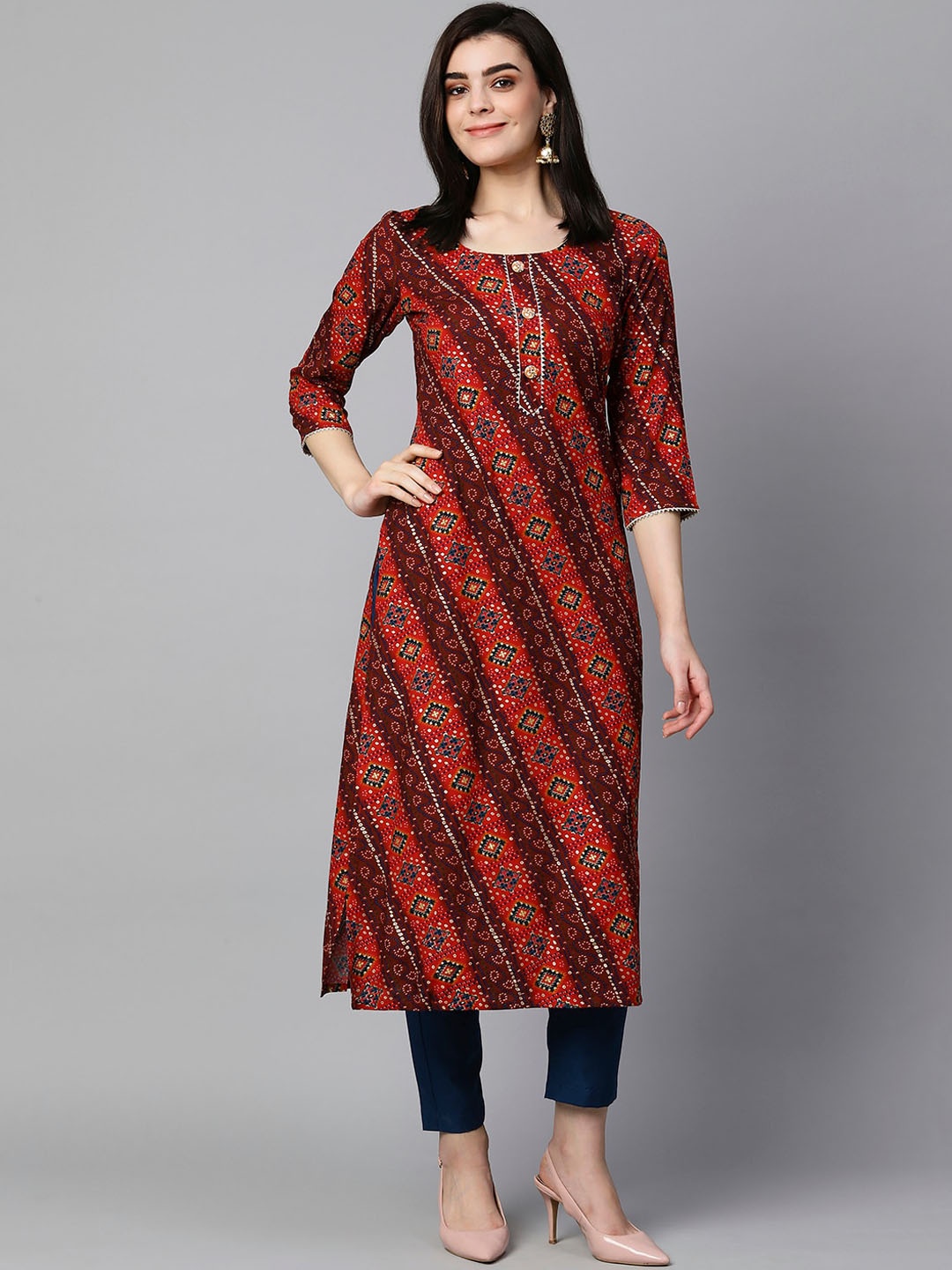 

KALINI Bandhani Printed Regular Gotta Patti Kurta with Trousers, Red