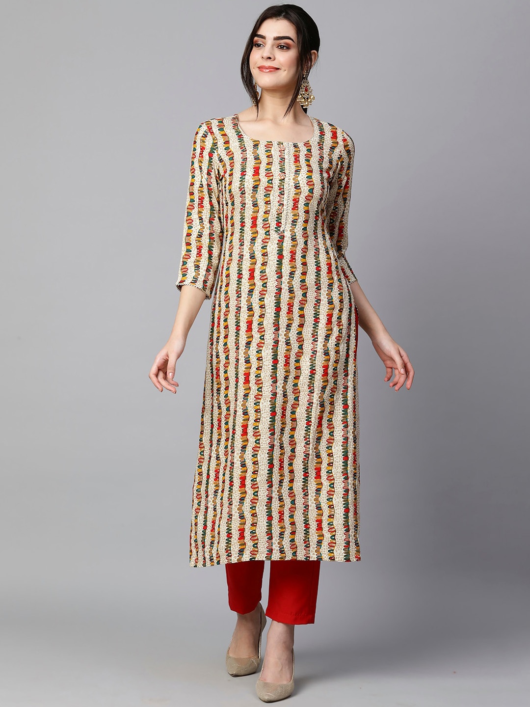 

KALINI Striped Regular Kurta with Trousers, Cream