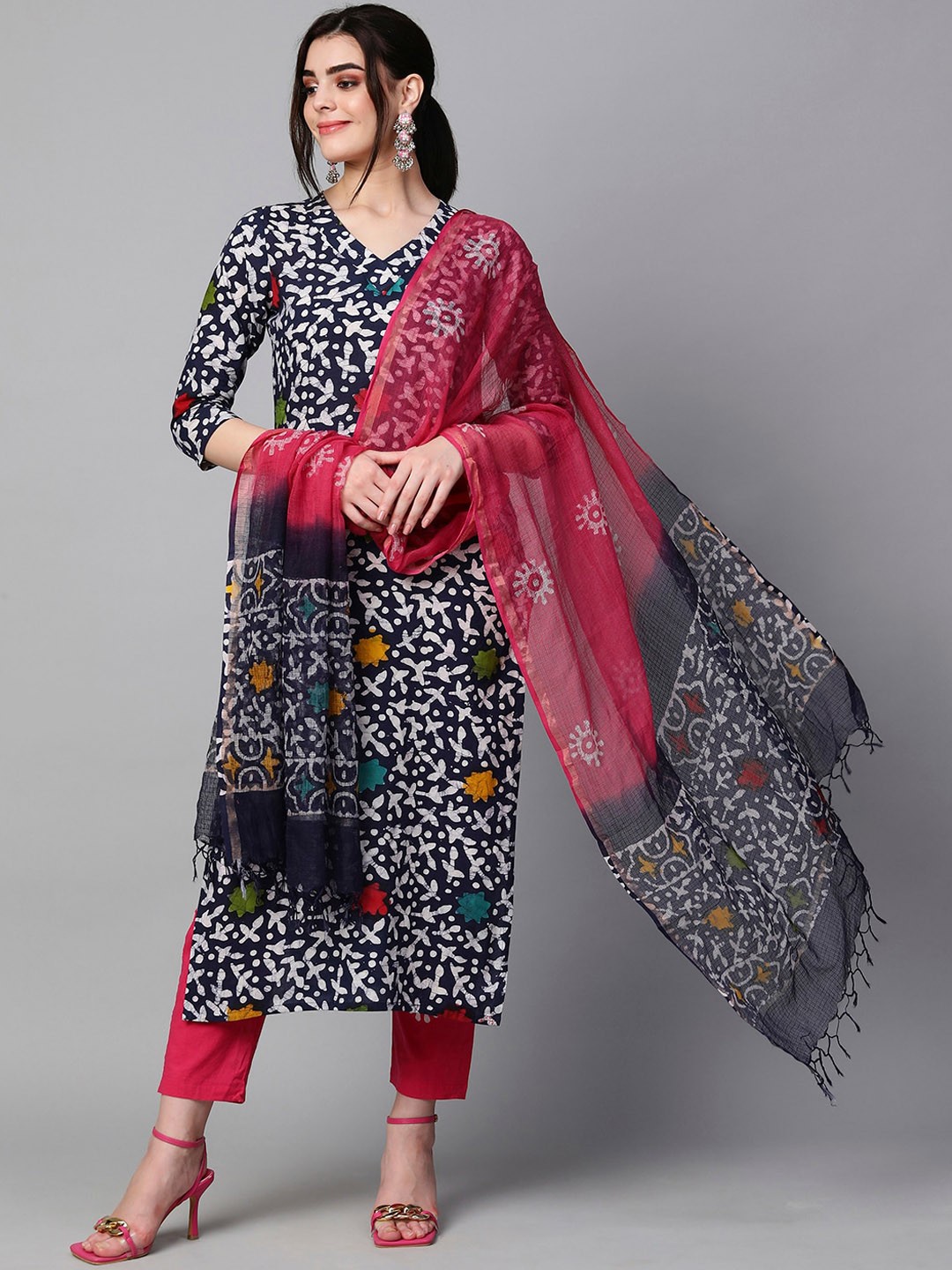 

KALINI Abstract Printed V-Neck Regular Kurta With Trousers & Dupatta, Blue