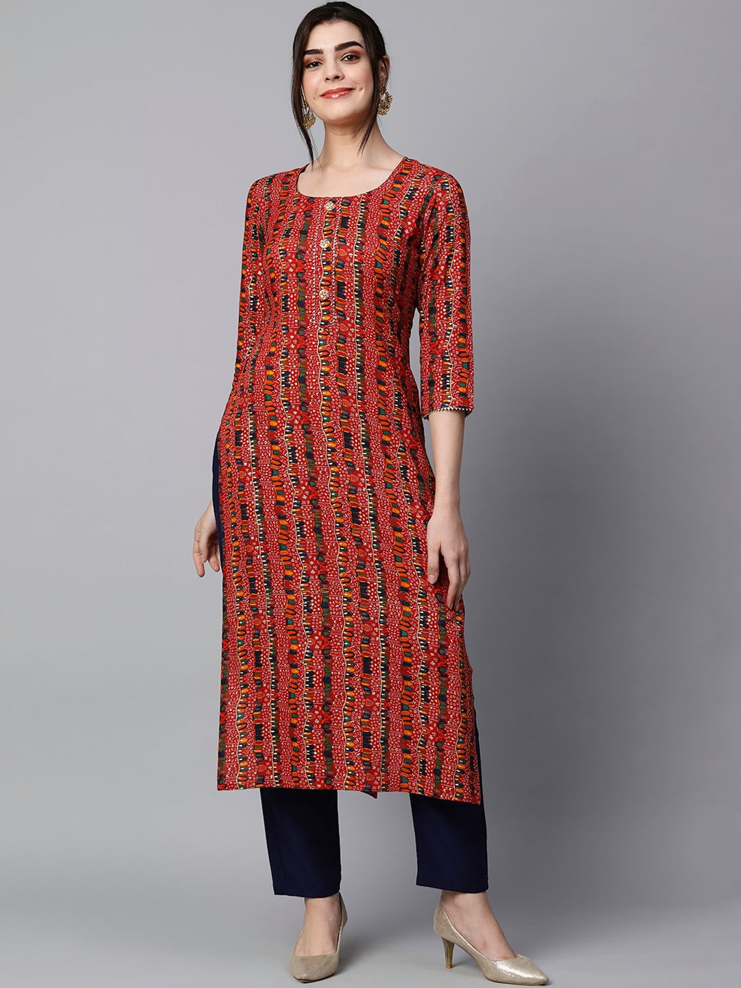 

KALINI Striped Round Neck Regular Kurta with Trousers, Red