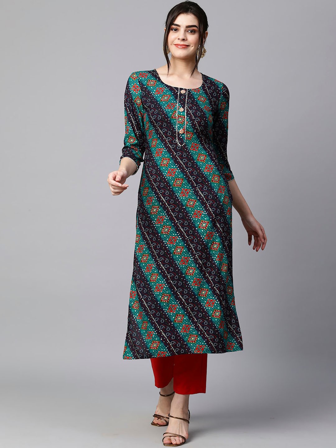 

KALINI Ethnic Motifs Printed Gotta Patti Regular Kurta with Trousers, Blue
