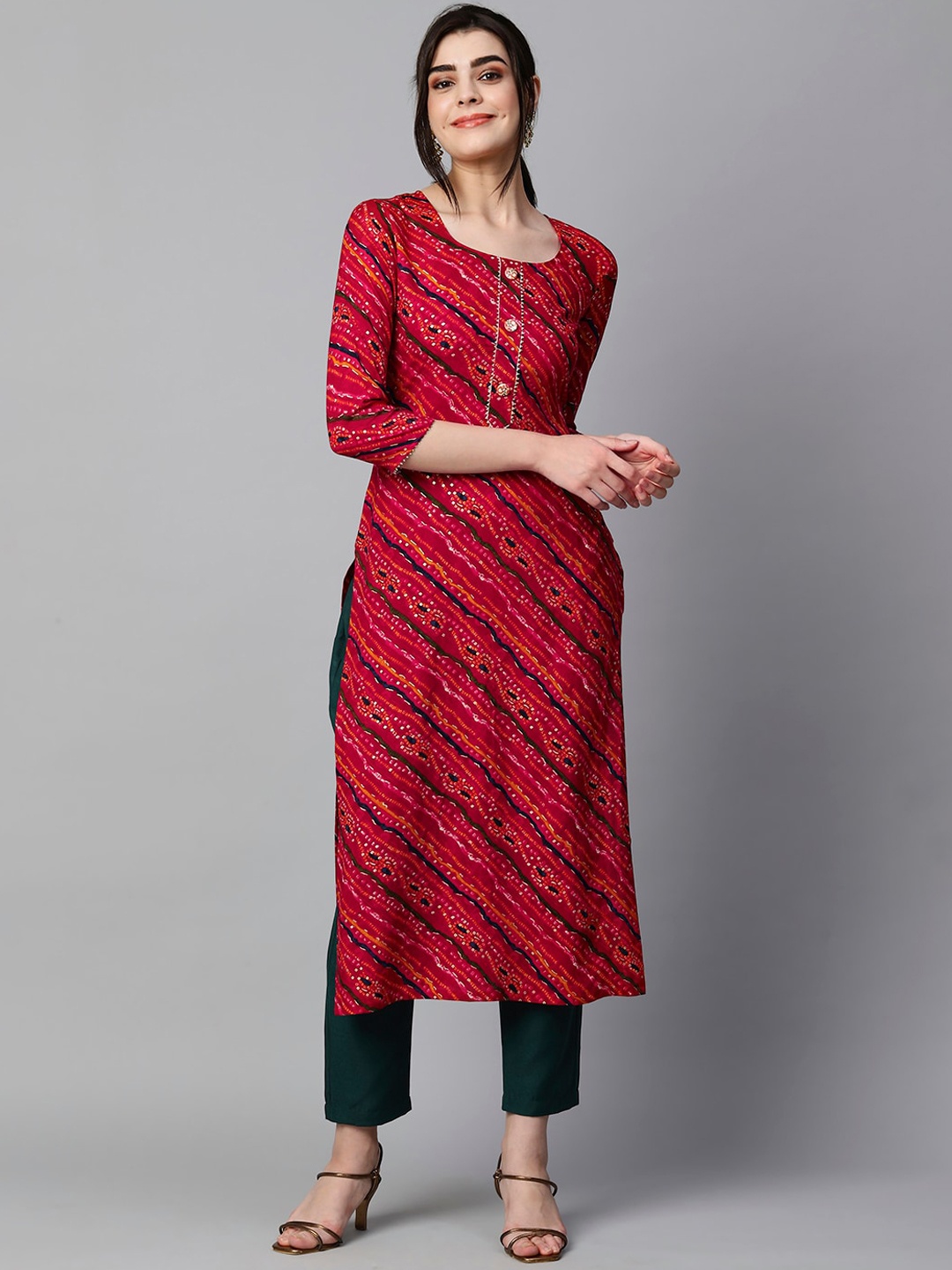 

KALINI Bandhani Printed Gotta Patti Kurta with Trousers, Pink